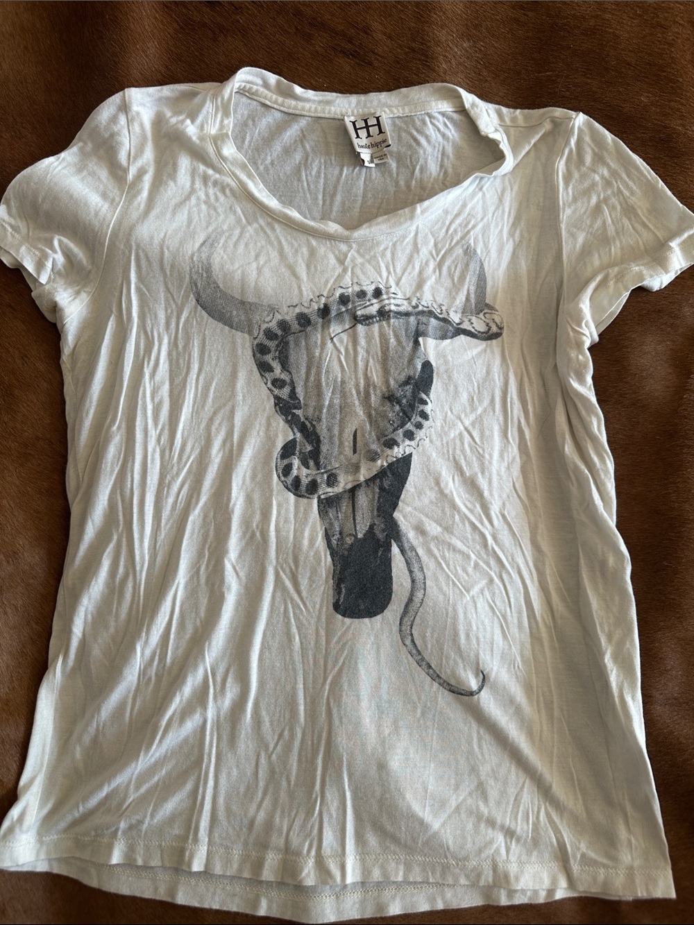 Haute Hippie White Tee with Snake & Bull Skull Graphic